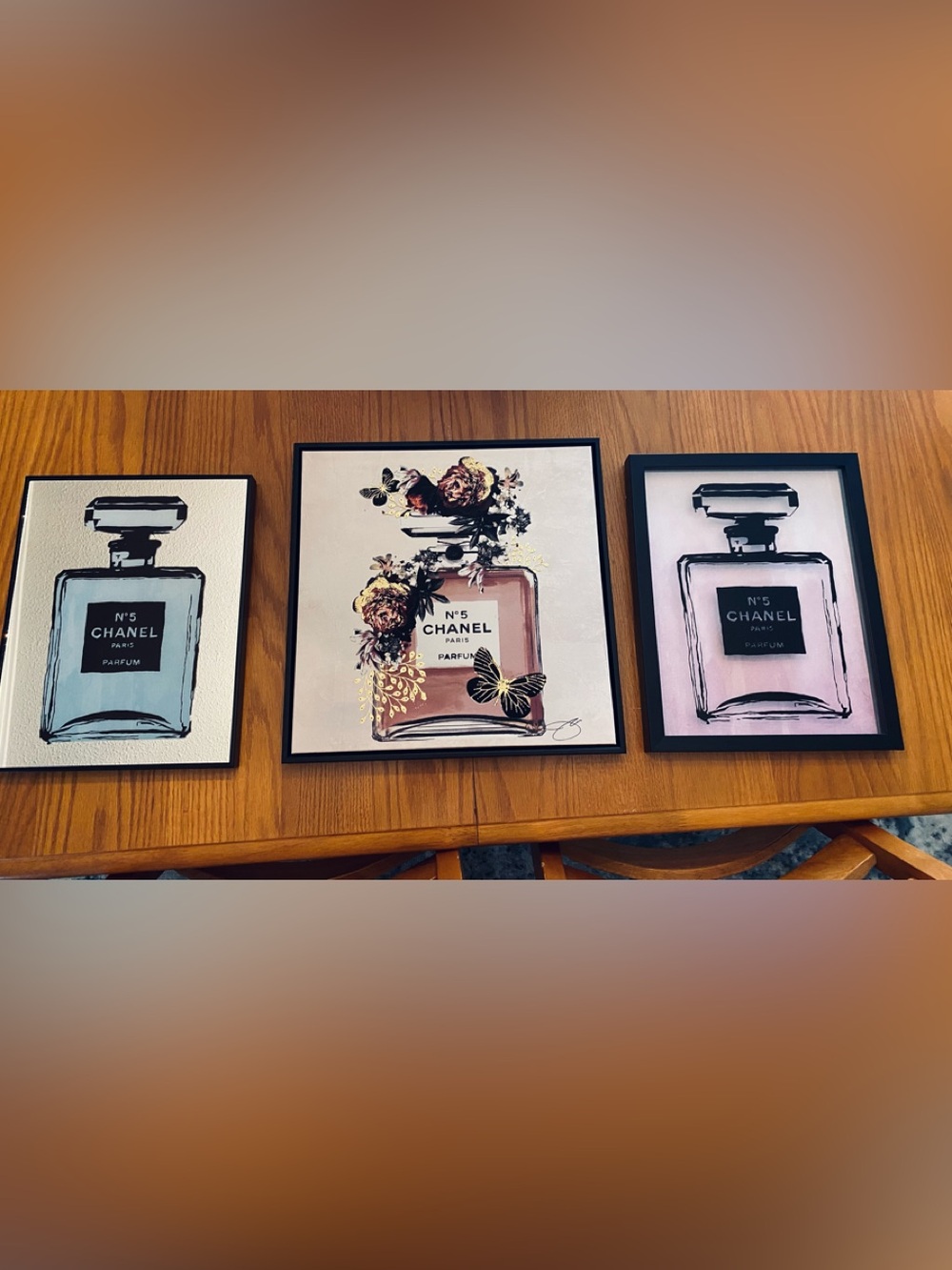 CHANEL Pink and Gold Floral Perfume Bottle Wall Art 3 Pieces